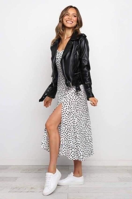 Black and White Polka Dot Sundress with Leather Jacket